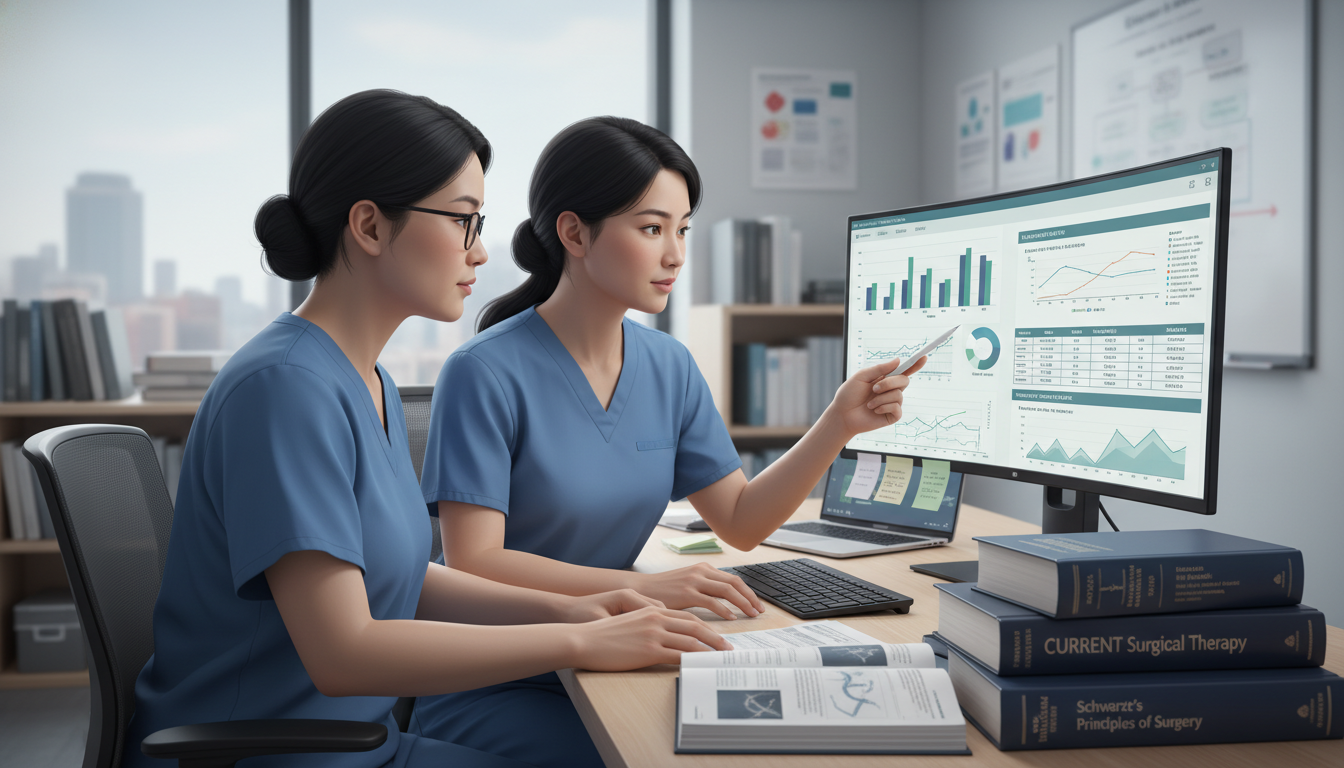 Surgical resident and mentor reviewing clinical research data on computer - non-US citizen IMG for Research During Residency