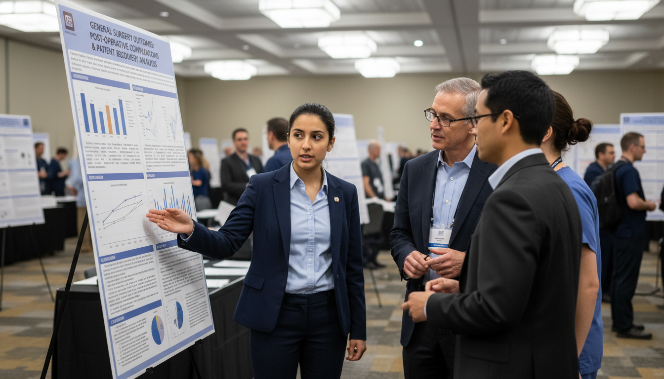 International medical graduate presenting a surgical research poster at a conference - non-US citizen IMG for Research Profil