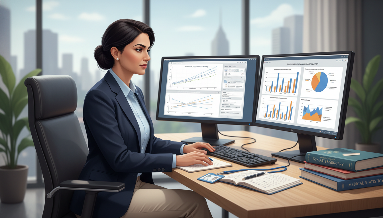 Non-US citizen IMG analyzing surgical outcomes data on computer - non-US citizen IMG for Research Profile Building for Non-US