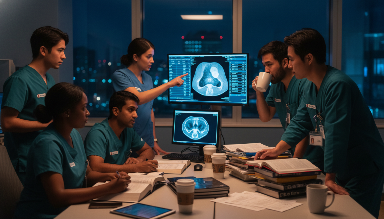 General surgery residents during night shift discussing cases General surgery residents during night shift discussing cases - non-US citizen IMG for Work-Life Balance Assessment for Non-U