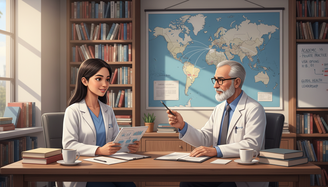 Non-US citizen IMG physician discussing visa and career options with academic mentor Non-US citizen IMG physician discussing visa and career options with academic mentor - non-US citizen IMG for Academic vs Pri