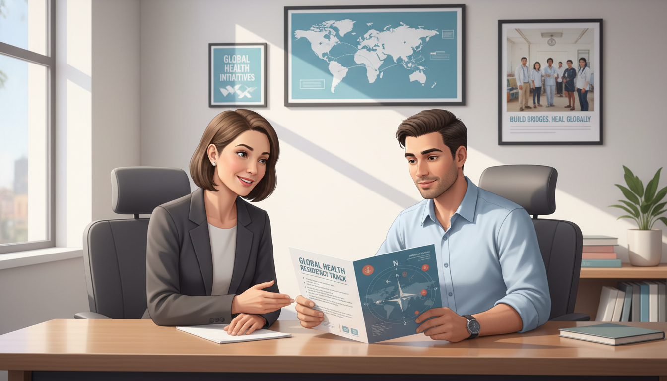 Residency program director discussing global health track with international medical graduate Residency program director discussing global health track with international medical graduate - non-US citizen IMG for Pre-Ma