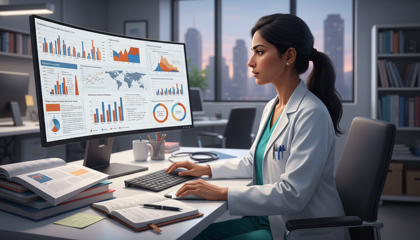 Resident doctor analyzing global health data on computer Resident doctor analyzing global health data on computer - non-US citizen IMG for Research During Residency for Non-US Citize