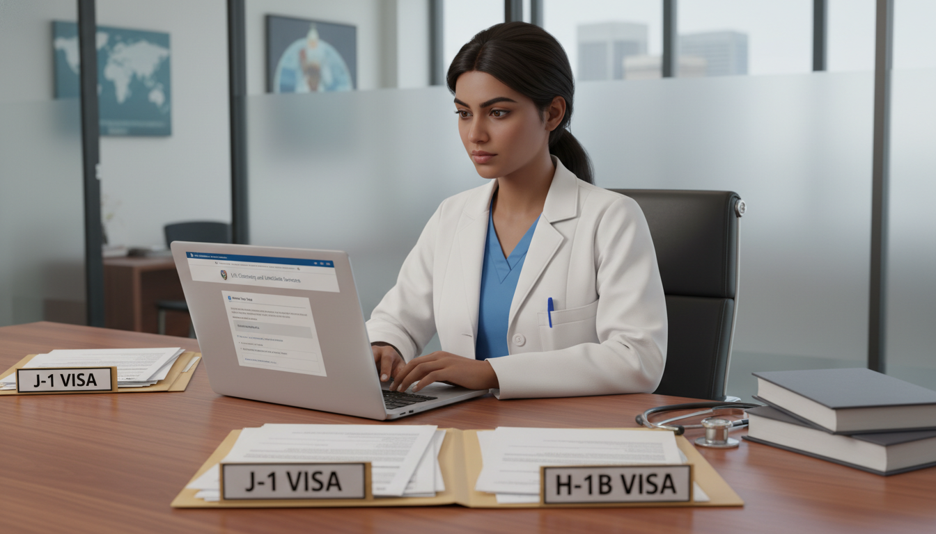 Medical resident reviewing J-1 and H-1B visa documents Medical resident reviewing J-1 and H-1B visa documents - non-US citizen IMG for Visa Navigation for Residency for Non-US Citi