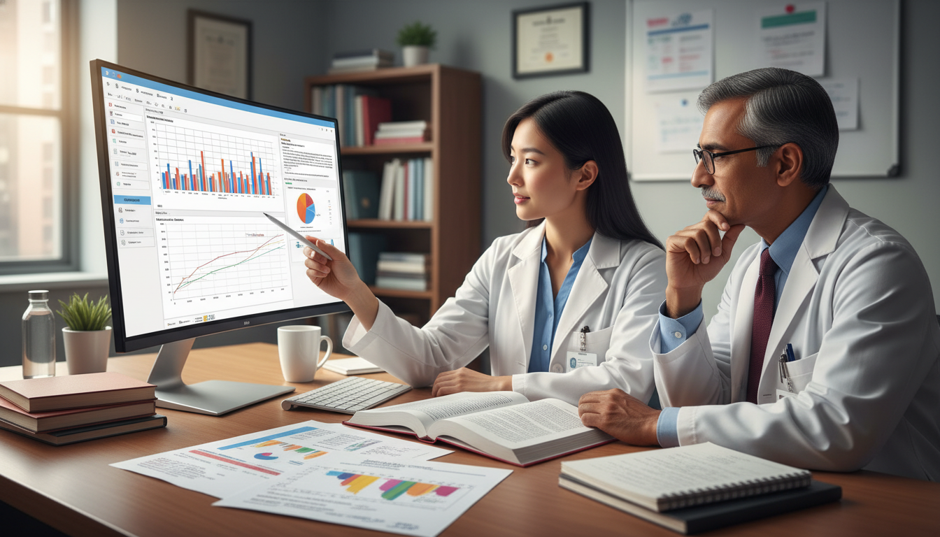 Resident and mentor reviewing hematology-oncology research data Resident and mentor reviewing hematology-oncology research data - non-US citizen IMG for Research During Residency for Non-US