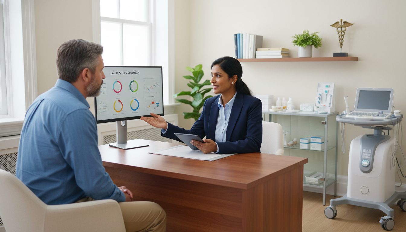 Internal medicine physician in a private practice outpatient clinic consulting a patient Internal medicine physician in a private practice outpatient clinic consulting a patient - non-US citizen IMG for Academic vs