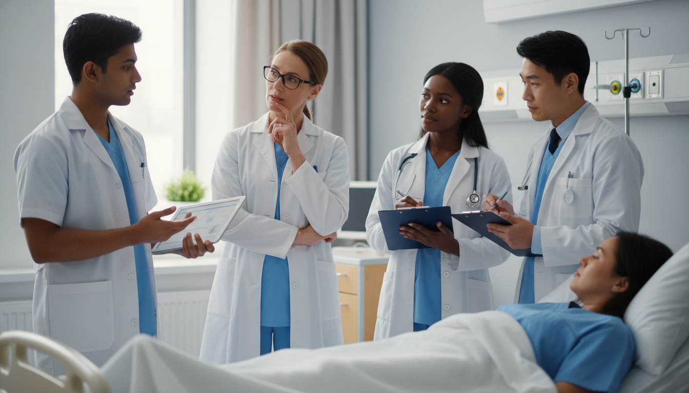 Medical student presenting patient case during internal medicine rounds - non-US citizen IMG for Away Rotation Strategy for N