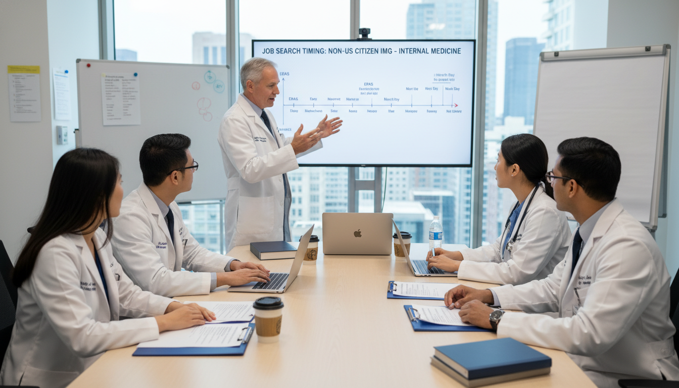 Internal Medicine Residents Discussing Job Search Timeline - non-US citizen IMG for Job Search Timing for Non-US Citizen IMG