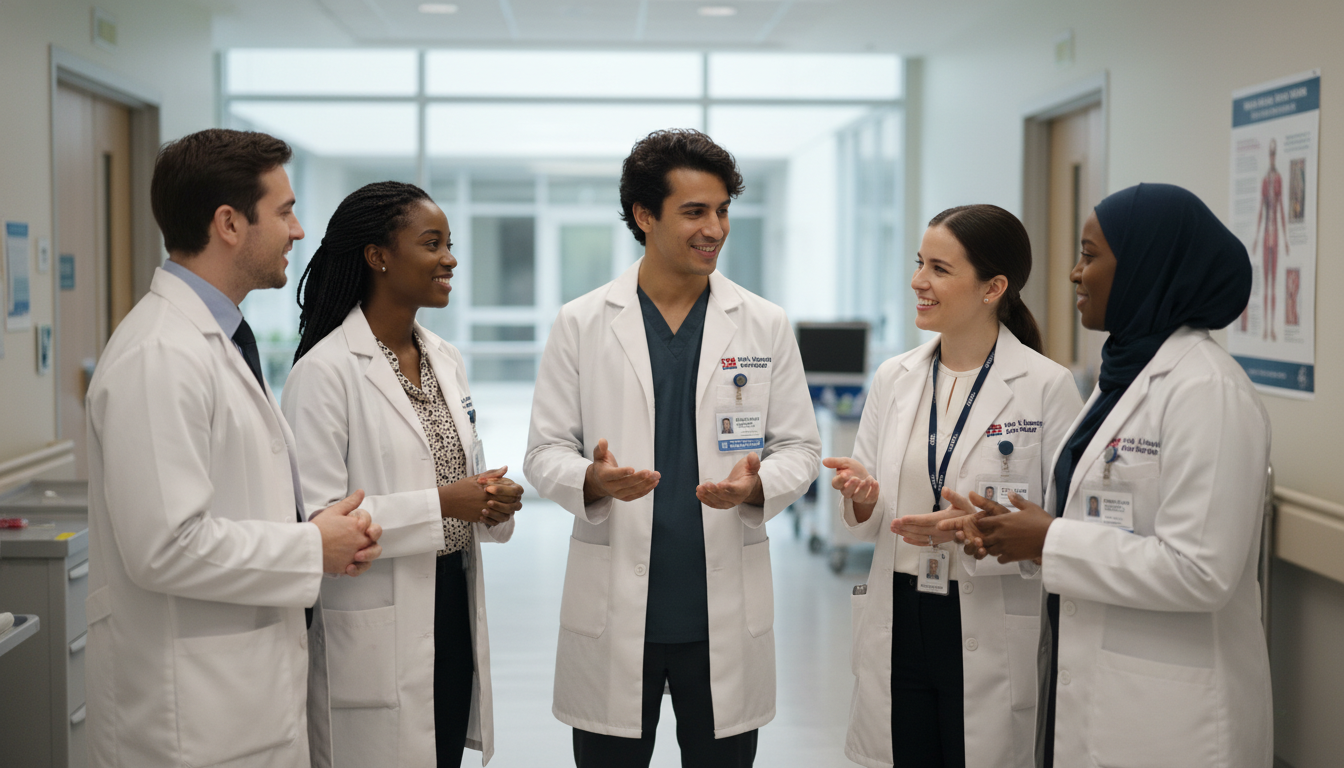 Diverse internal medicine residents discussing training experiences in hospital hallway Diverse internal medicine residents discussing training experiences in hospital hallway - non-US citizen IMG for Questions to
