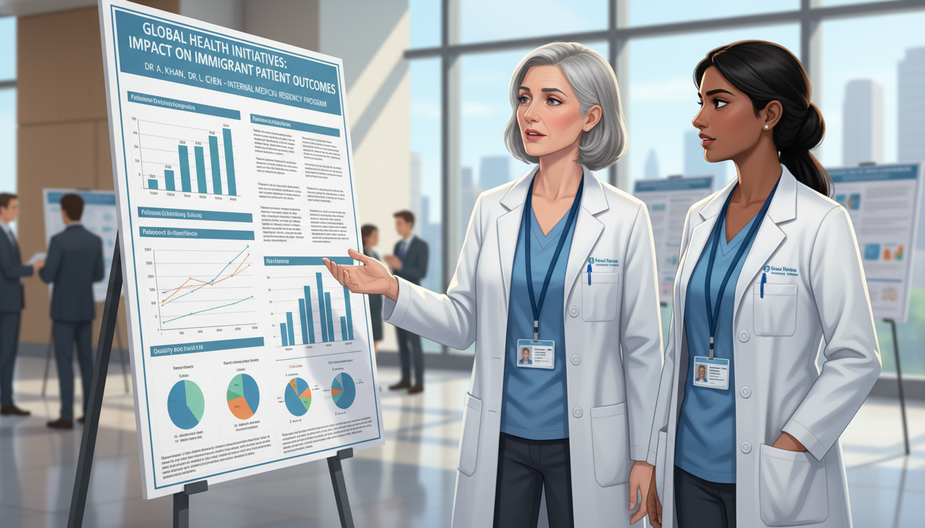 Internal medicine resident discussing a research poster with mentor Internal medicine resident discussing a research poster with mentor - non-US citizen IMG for Research During Residency for No