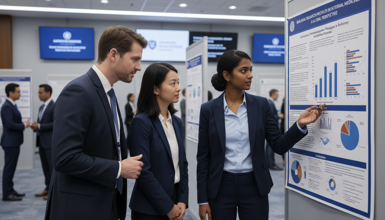 Non-US citizen IMG presenting internal medicine research poster at a conference - non-US citizen IMG for Research Profile Bui