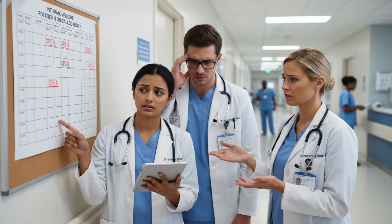 Internal medicine residents reviewing on-call schedule and noticing staff shortages Internal medicine residents reviewing on-call schedule and noticing staff shortages - non-US citizen IMG for Resident Turnove