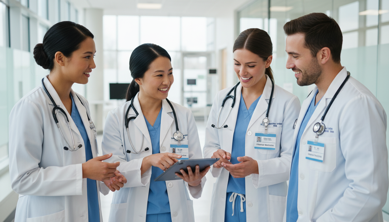 Internal Medicine Residents Collaborating on Rounds Internal Medicine Residents Collaborating on Rounds - non-US citizen IMG for Work-Life Balance Assessment for Non-US Citizen