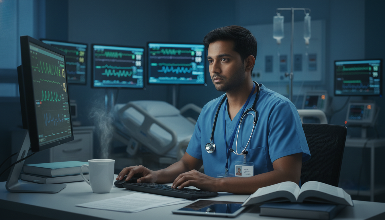 Internal Medicine Resident During a Night Shift Internal Medicine Resident During a Night Shift - non-US citizen IMG for Work-Life Balance Assessment for Non-US Citizen IMG