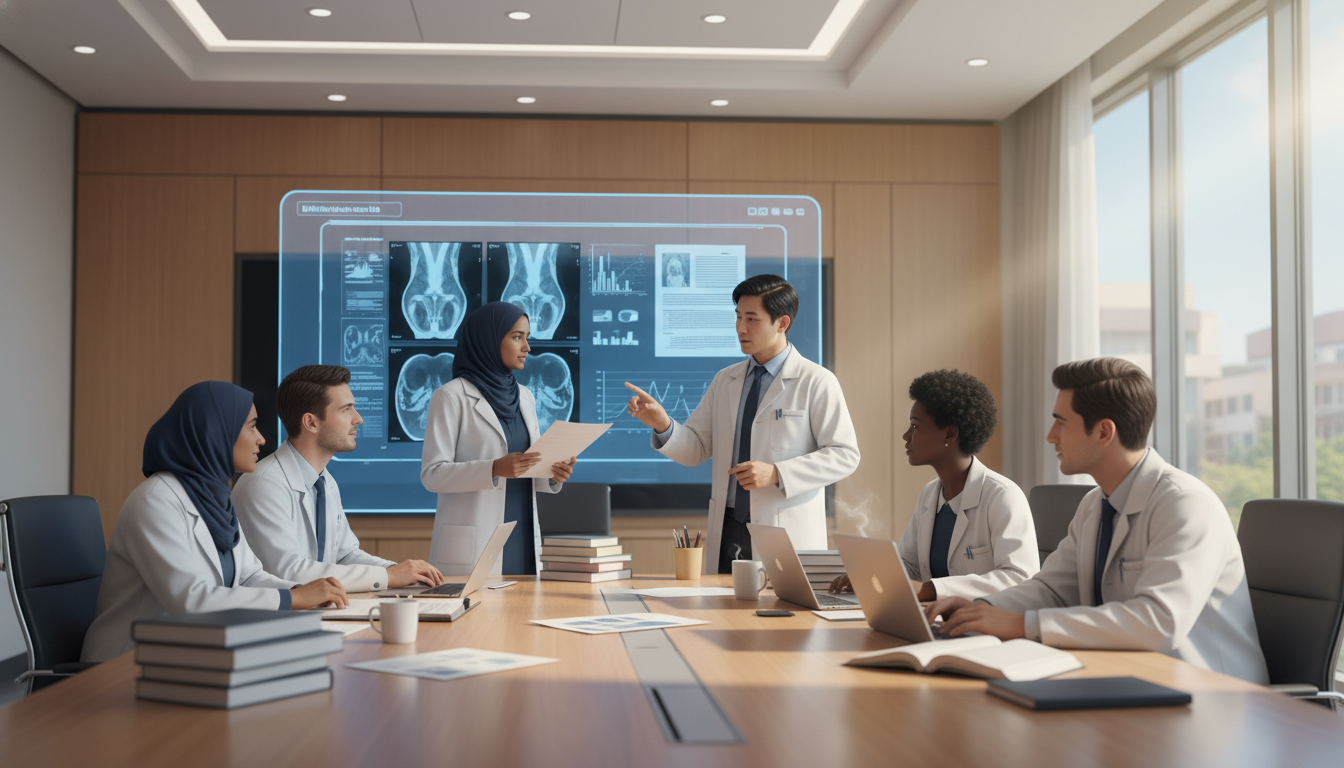 Interventional radiology team discussing academic research cases Interventional radiology team discussing academic research cases - non-US citizen IMG for Academic vs Private Practice for No