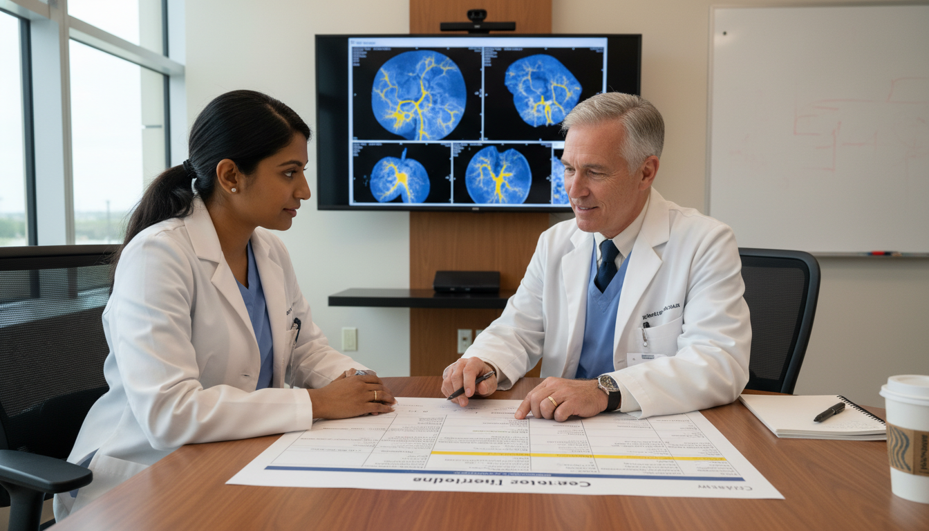 Interventional radiology trainee meeting mentor to discuss job search timeline Interventional radiology trainee meeting mentor to discuss job search timeline - non-US citizen IMG for Job Search Timing for