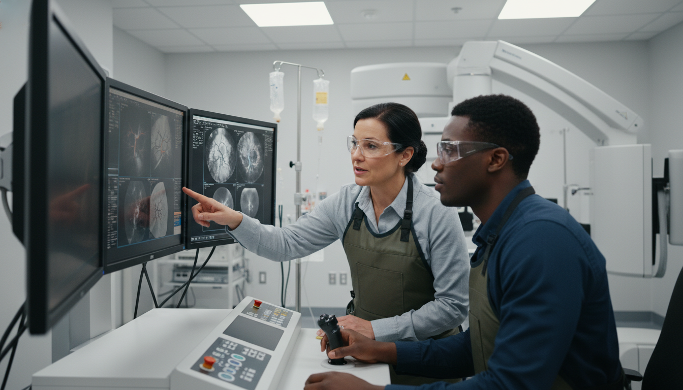 Interventional radiology attending mentoring an IMG in the angiography suite Interventional radiology attending mentoring an IMG in the angiography suite - non-US citizen IMG for Letters of Recommendati