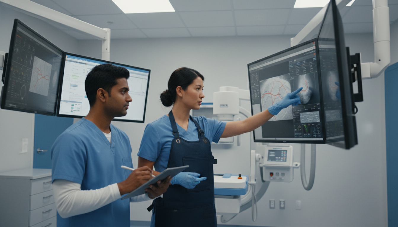 Interventional Radiology attending mentoring an international medical graduate during a case review - non-US citizen IMG for