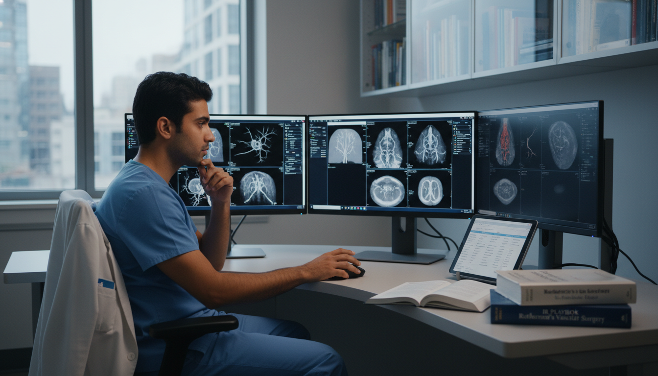 Interventional radiology resident reviewing imaging and planning procedures - non-US citizen IMG for Program Selection Strate
