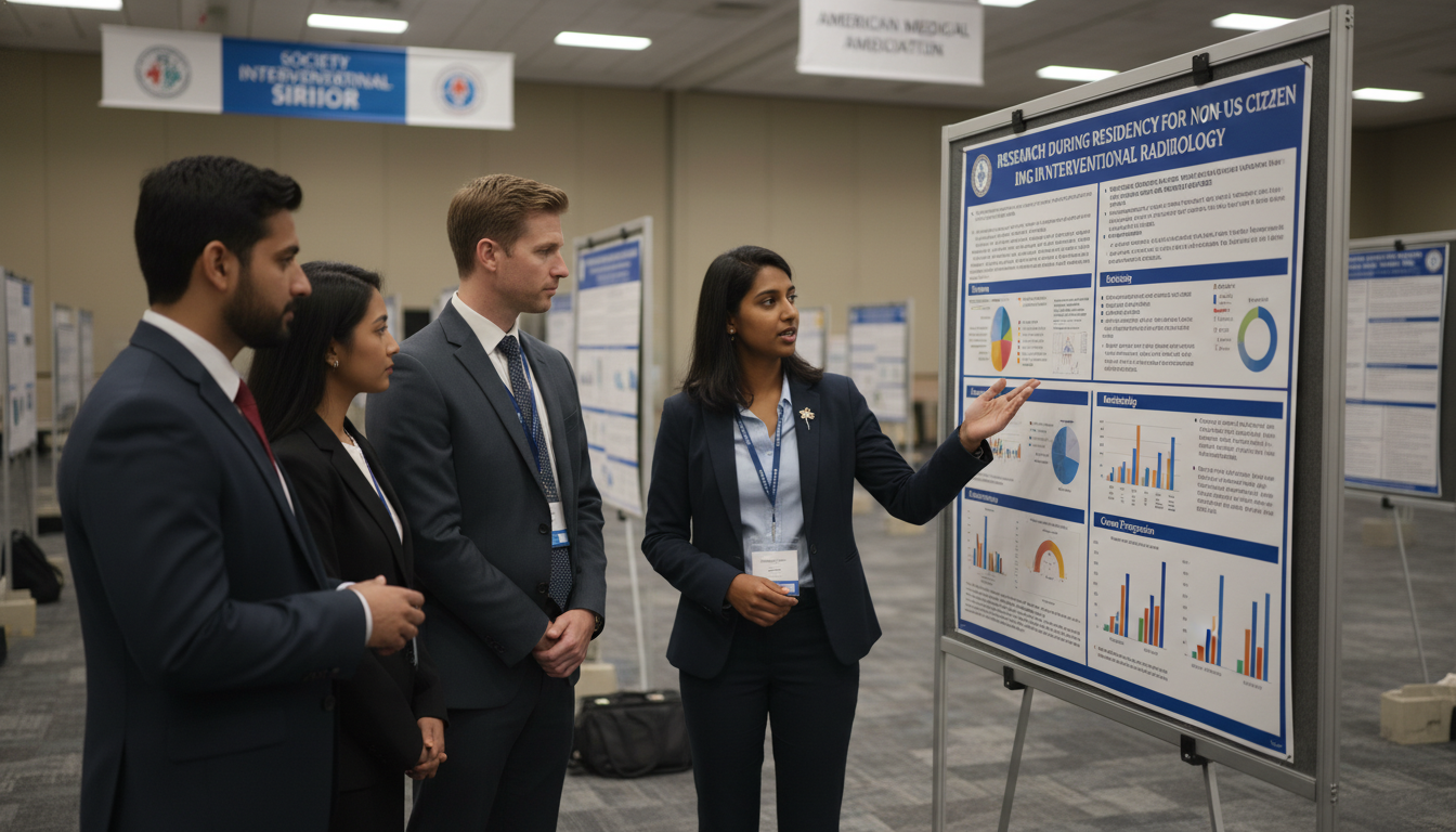 Interventional radiology residents presenting research at a conference Interventional radiology residents presenting research at a conference - non-US citizen IMG for Research During Residency for