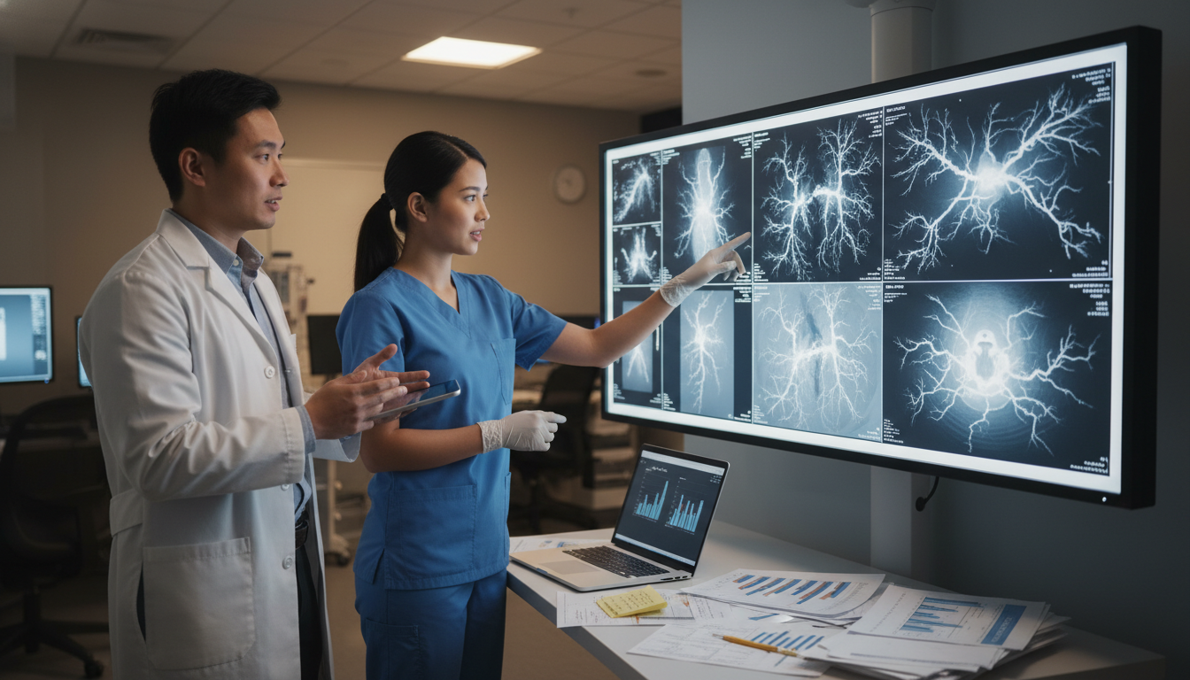 Interventional radiology resident and research fellow discussing angiographic images - non-US citizen IMG for Research Profil