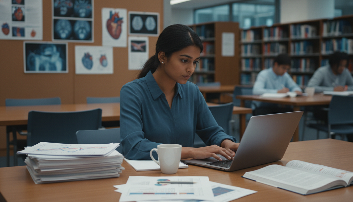 International medical graduate writing a scientific paper on a laptop - non-US citizen IMG for Research Profile Building for