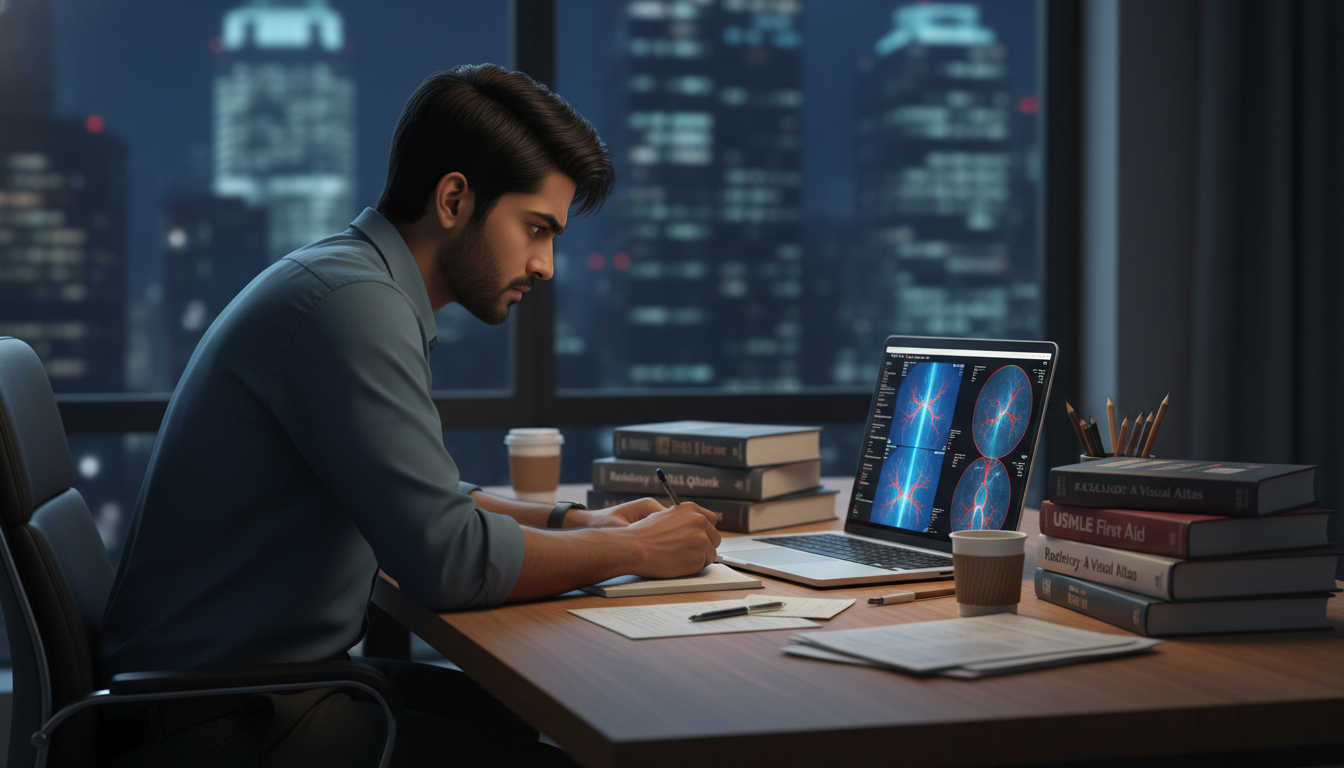 Non-US IMG studying USMLE and IR literature at night Non-US IMG studying USMLE and IR literature at night - non-US citizen IMG for Ultra-Competitive Specialty Strategy for Non-US