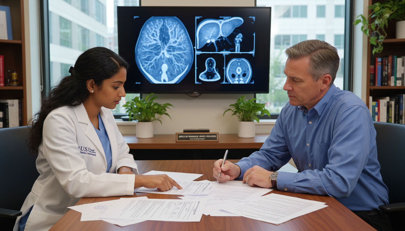 Interventional radiology resident discussing visa options with program coordinator Interventional radiology resident discussing visa options with program coordinator - non-US citizen IMG for Visa Navigation f