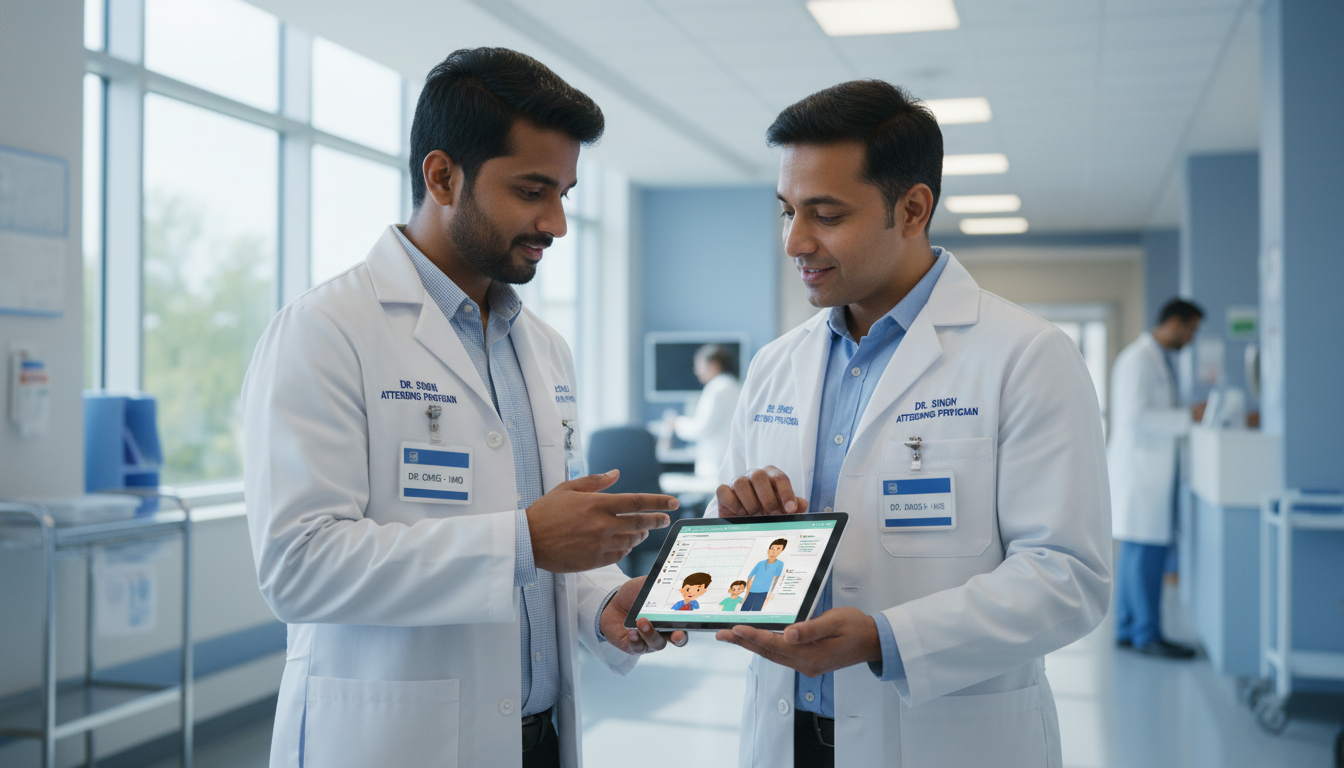 Non-US citizen IMG talking with a Med-Peds attending in a hospital hallway Non-US citizen IMG talking with a Med-Peds attending in a hospital hallway - non-US citizen IMG for Networking in Medicine fo