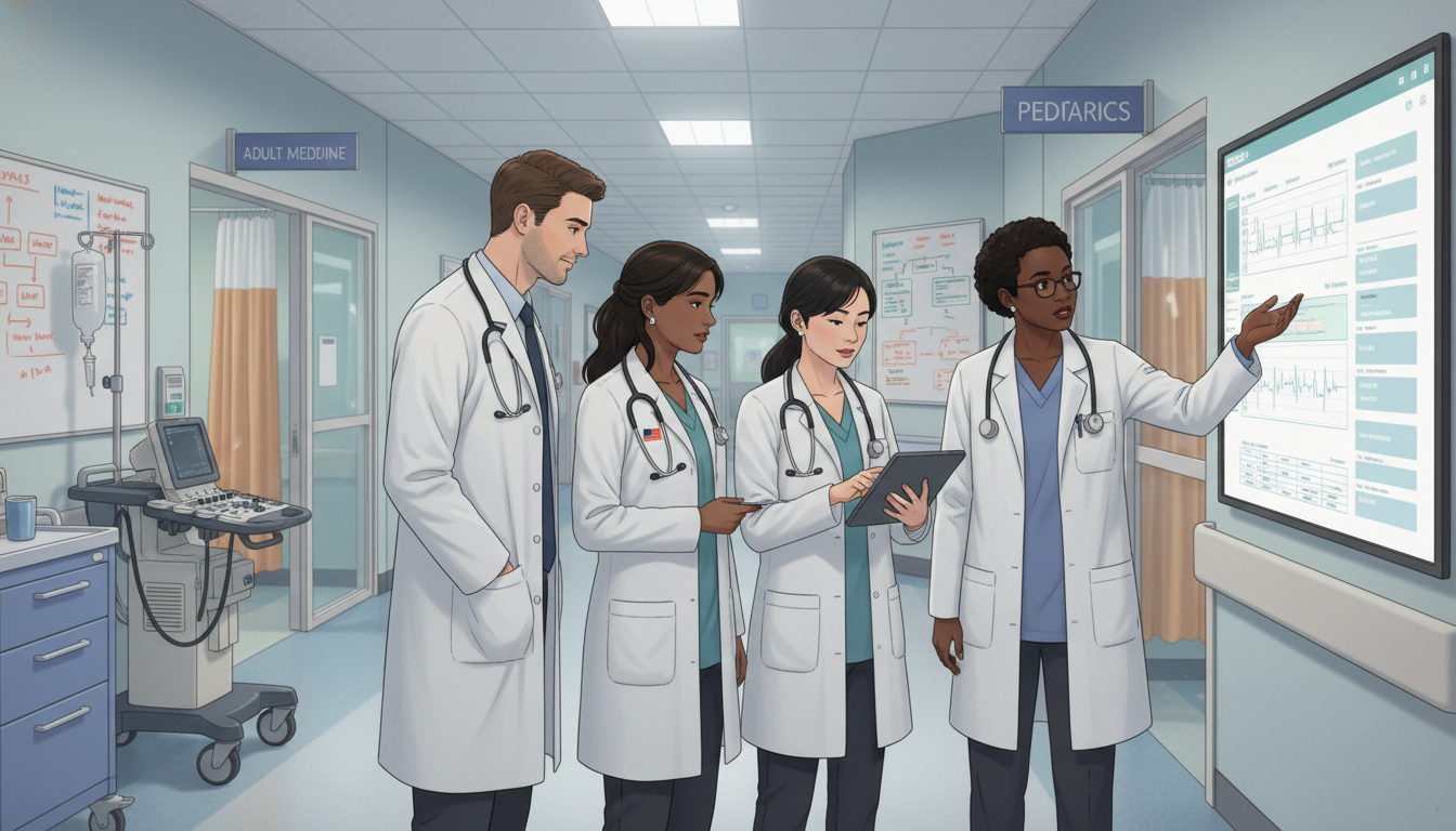 Med-Peds residents discussing cases with attending physicians on the ward Med-Peds residents discussing cases with attending physicians on the ward - non-US citizen IMG for How to Research Programs f