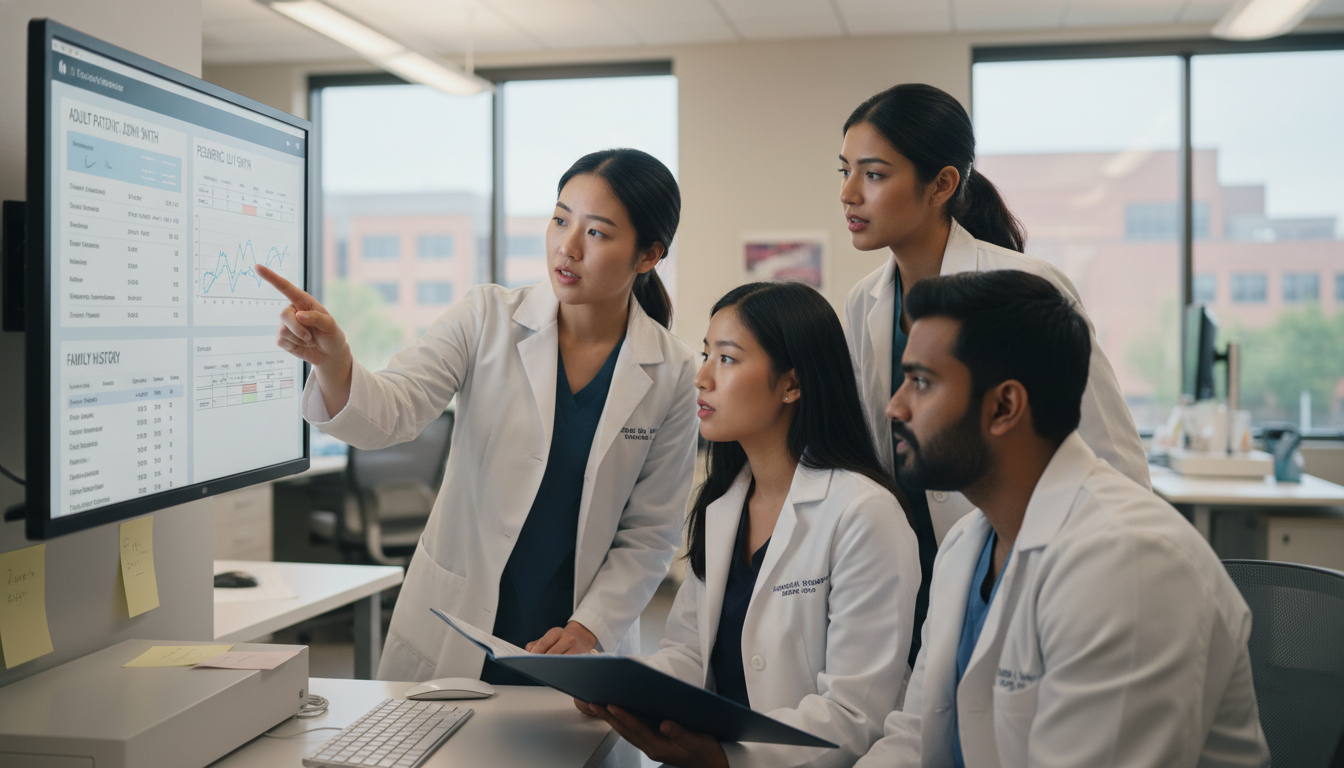 Med-Peds residents in clinic discussing a complex adult and pediatric case Med-Peds residents in clinic discussing a complex adult and pediatric case - non-US citizen IMG for Questions to Ask Programs