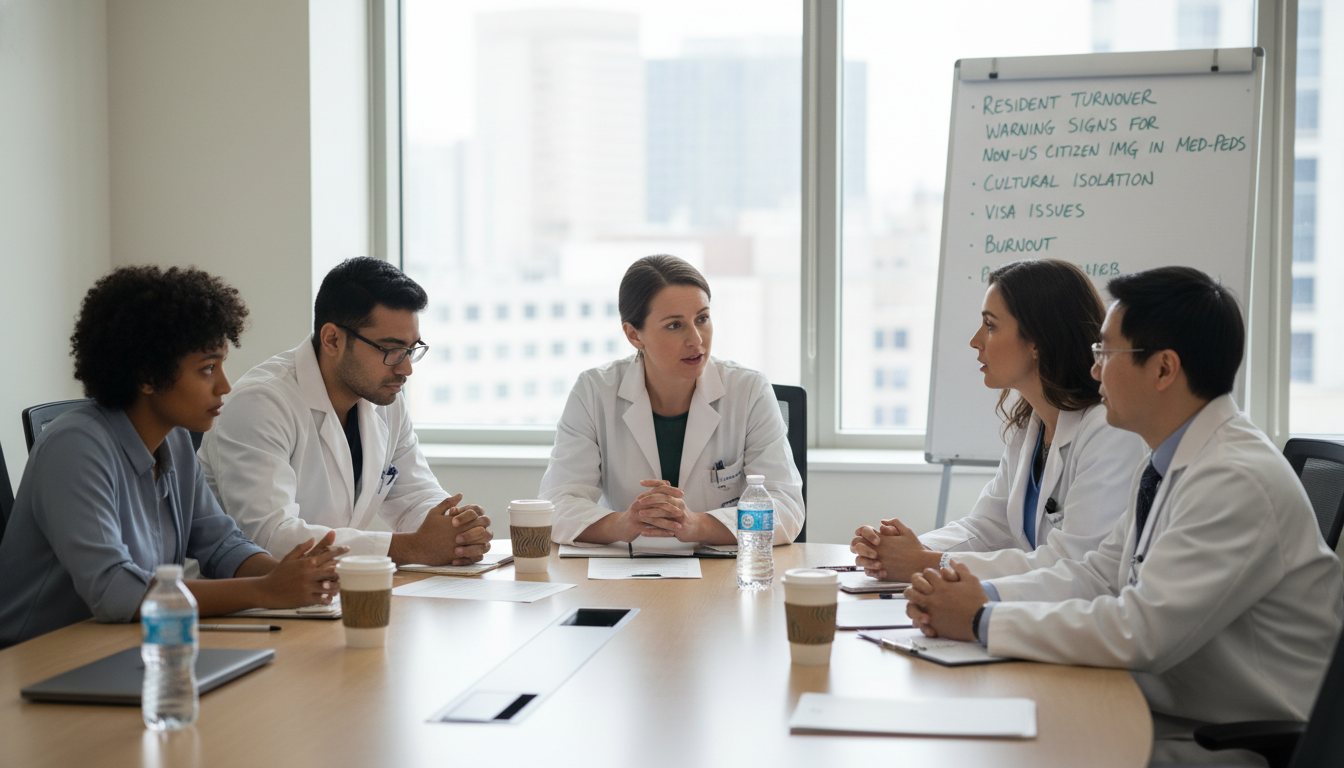 Medicine-Pediatrics residents and faculty in a candid discussion Medicine-Pediatrics residents and faculty in a candid discussion - non-US citizen IMG for Resident Turnover Warning Signs for