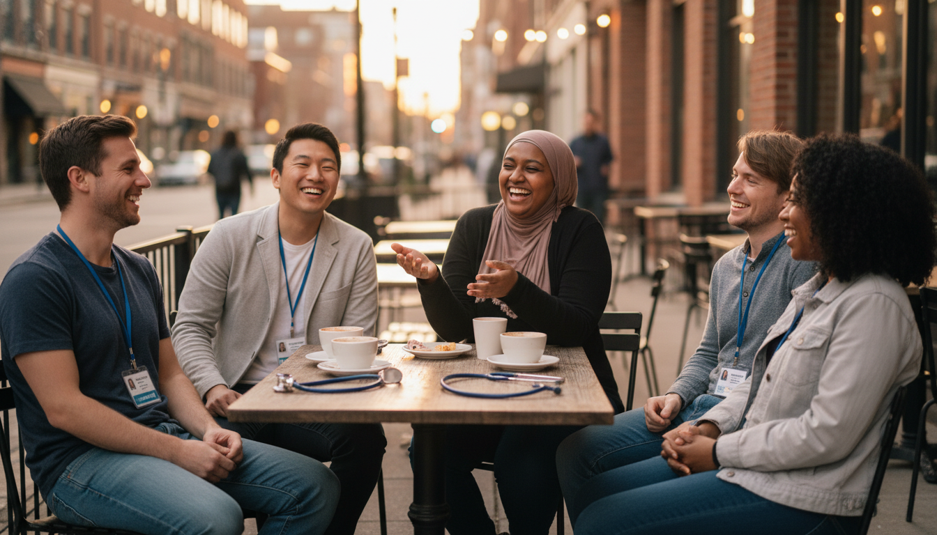 Non-US citizen IMG Med-Peds residents sharing time together outside hospital Non-US citizen IMG Med-Peds residents sharing time together outside hospital - non-US citizen IMG for Work-Life Balance Asses