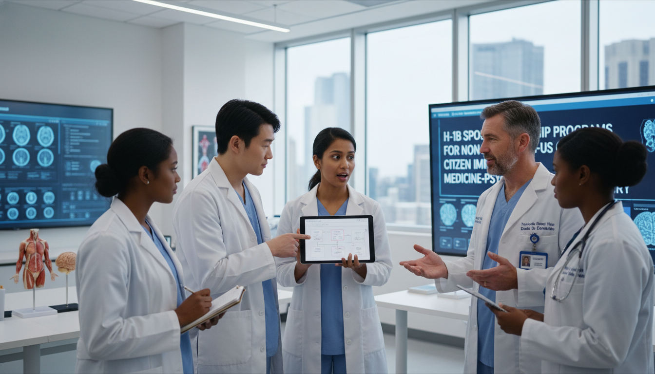 Medicine-psychiatry residents in academic teaching hospital discussing patient care and visa options Medicine-psychiatry residents in academic teaching hospital discussing patient care and visa options - non-US citizen IMG for