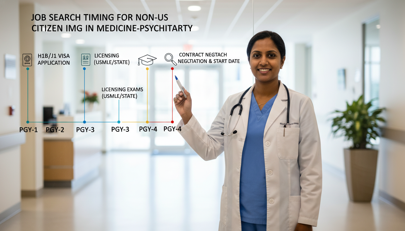 Medicine-psychiatry resident reviewing multi-year job search timeline Medicine-psychiatry resident reviewing multi-year job search timeline - non-US citizen IMG for Job Search Timing for Non-US C