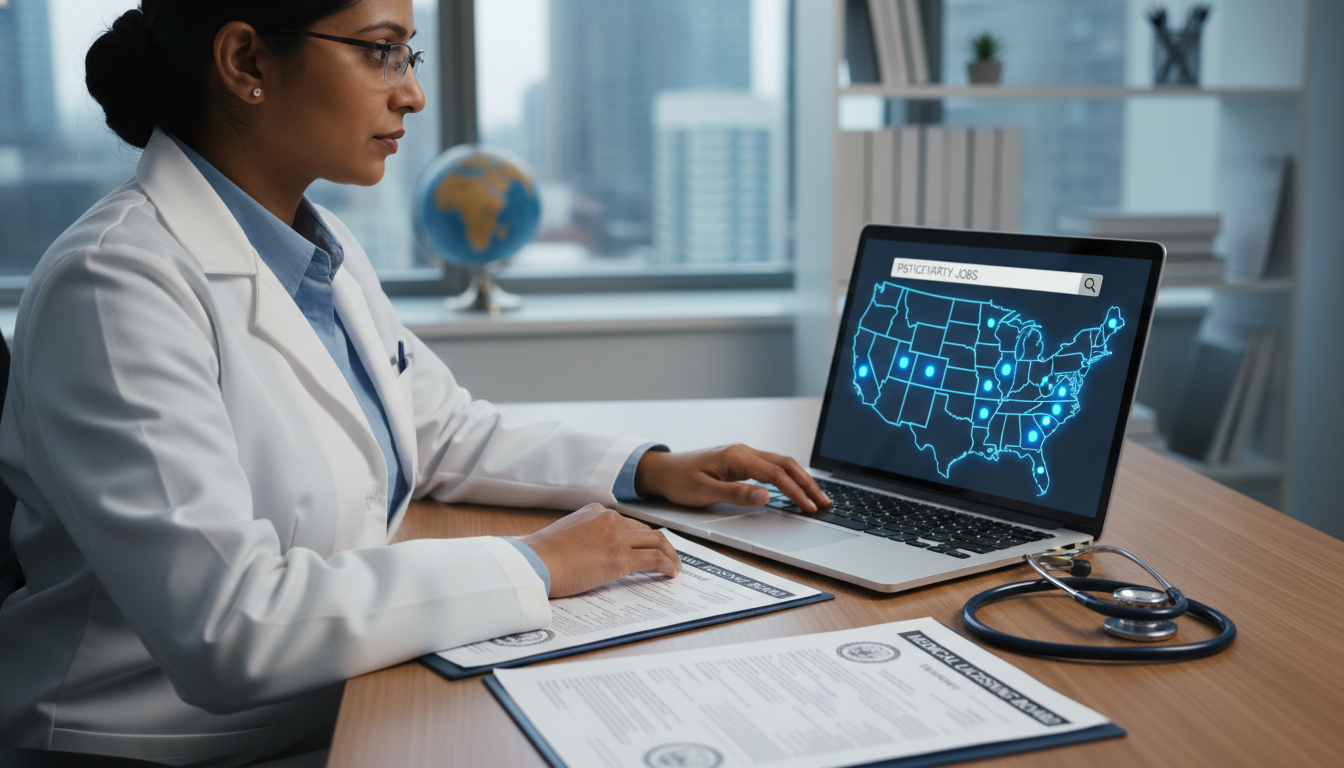 Physician reviewing visa and state licensing documents for job search Physician reviewing visa and state licensing documents for job search - non-US citizen IMG for Job Search Timing for Non-US C