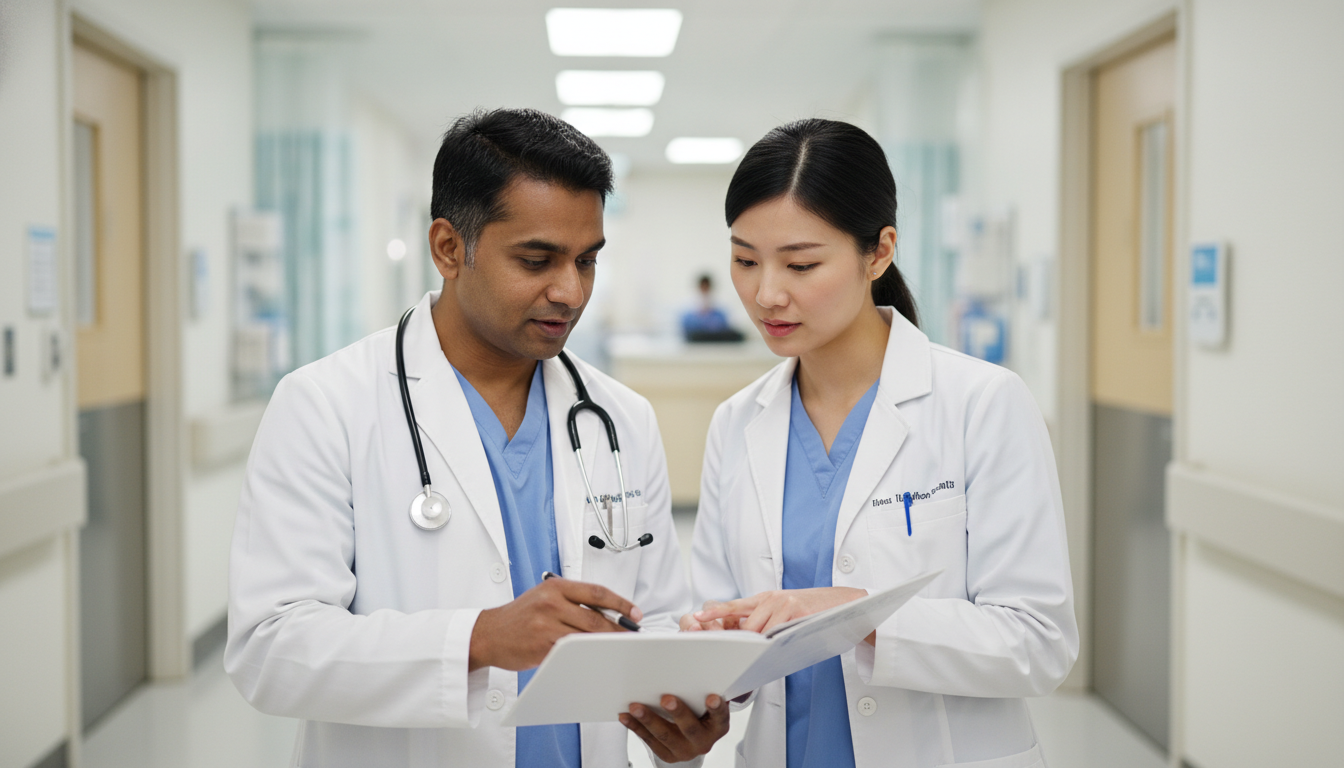 Attending physician mentoring an international medical graduate on a clinical rotation Attending physician mentoring an international medical graduate on a clinical rotation - non-US citizen IMG for Letters of Re