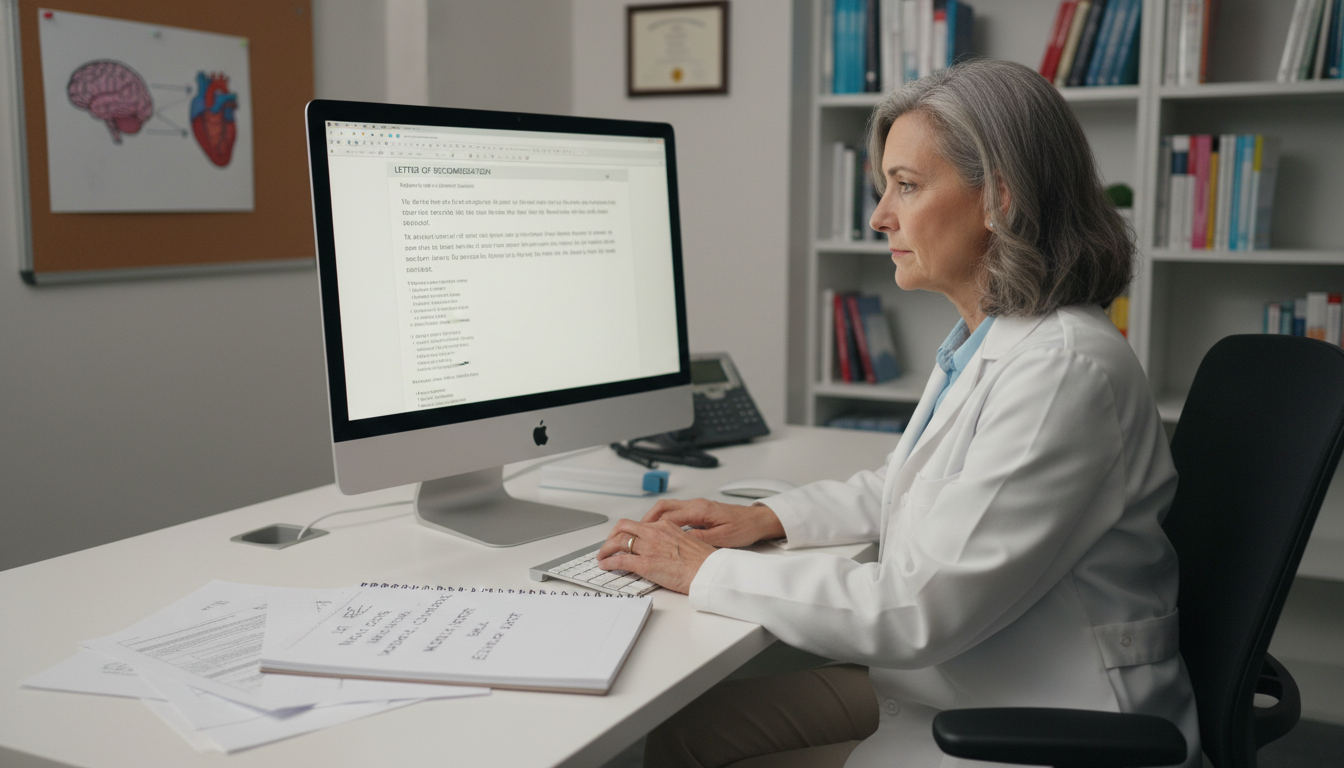 Resident physician drafting a letter of recommendation at hospital workstation Resident physician drafting a letter of recommendation at hospital workstation - non-US citizen IMG for Letters of Recommenda