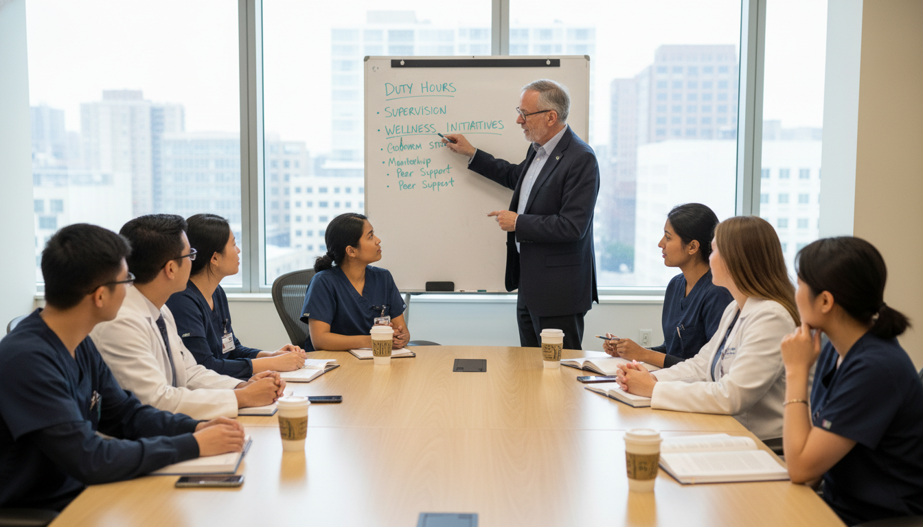 Med-psych residents discussing residency red flags during a conference Med-psych residents discussing residency red flags during a conference - non-US citizen IMG for Identifying Malignant Program
