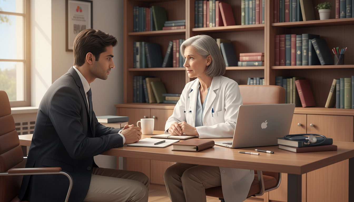 Senior physician mentoring an international medical graduate in an academic office - non-US citizen IMG for Networking in Med