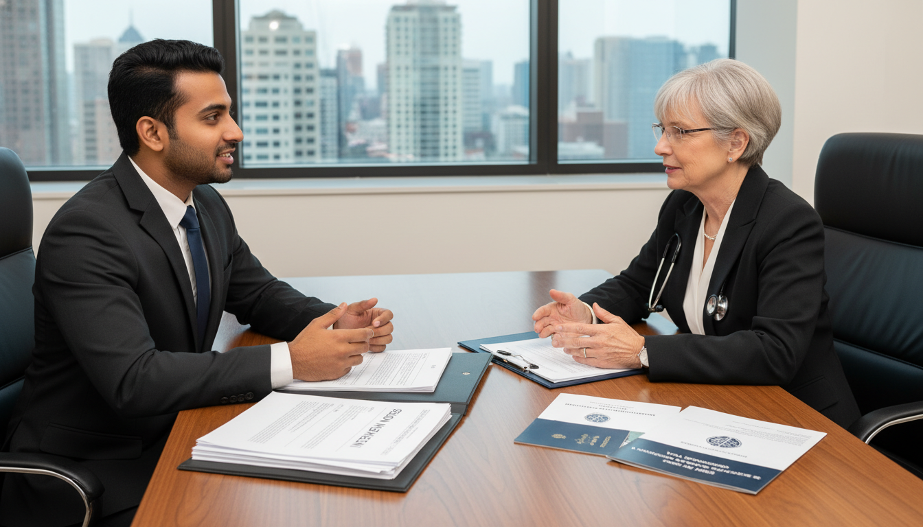 International medical graduate discussing visa and training questions with a program director International medical graduate discussing visa and training questions with a program director - non-US citizen IMG for Questi