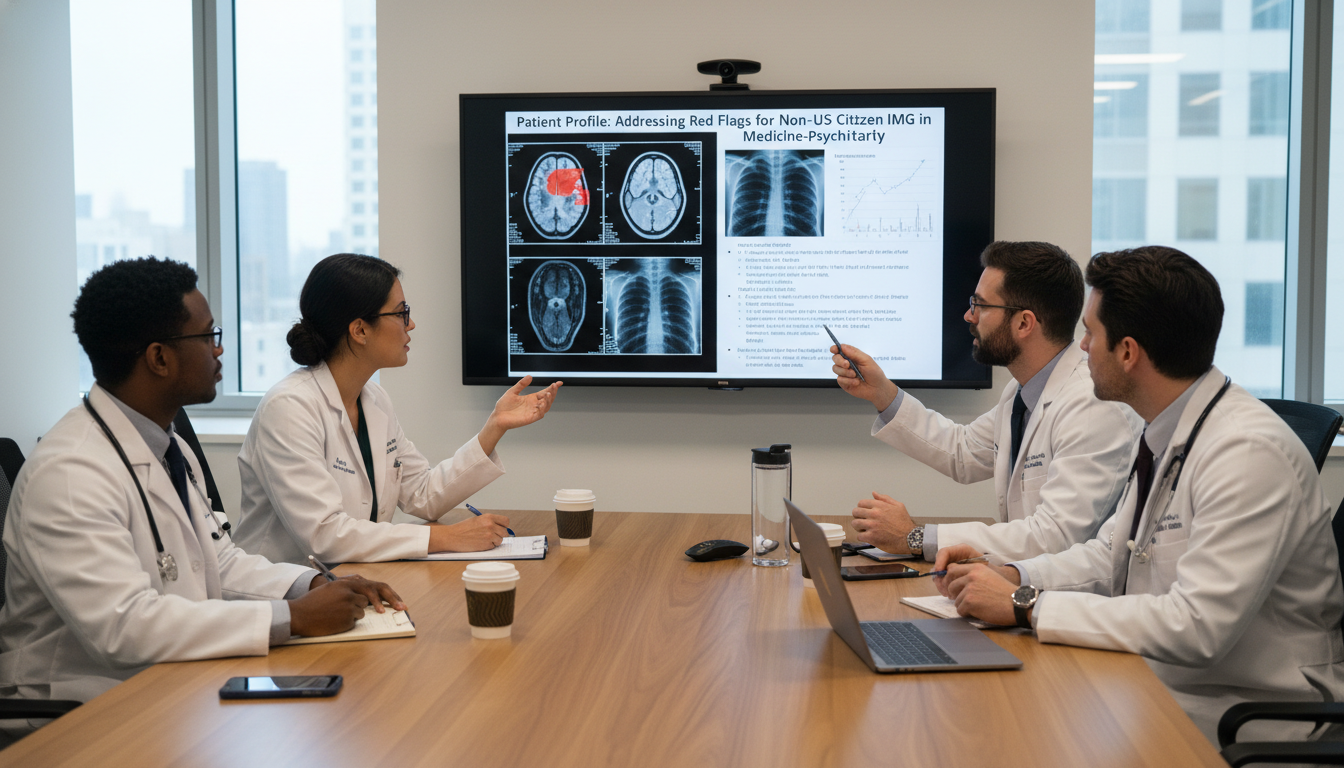 Medicine-psychiatry team discussing complex patient case Medicine-psychiatry team discussing complex patient case - non-US citizen IMG for Addressing Red Flags for Non-US Citizen IMG