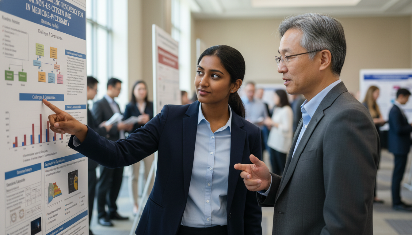 International medicine psychiatry resident discussing a research poster with a mentor International medicine psychiatry resident discussing a research poster with a mentor - non-US citizen IMG for Research Durin
