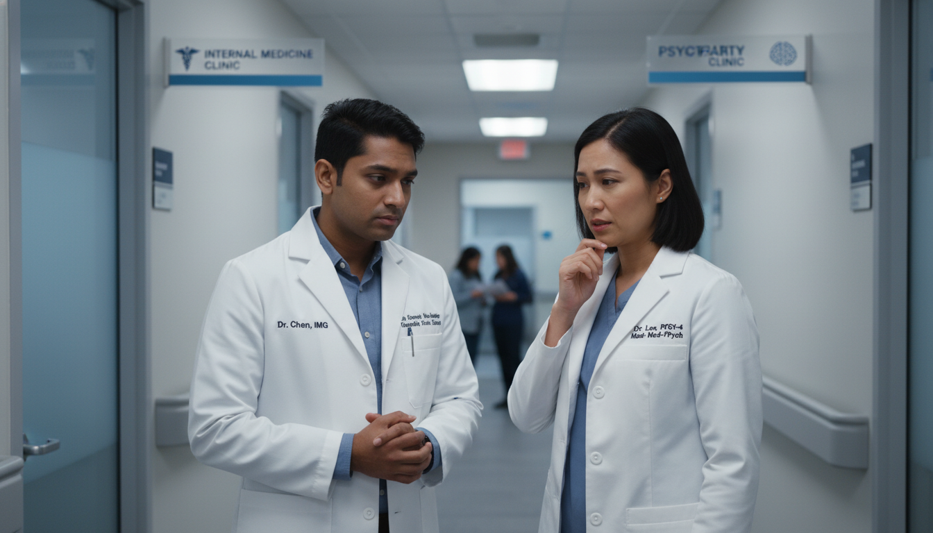 Concerned international medicine-psychiatry resident speaking confidentially with senior resident Concerned international medicine-psychiatry resident speaking confidentially with senior resident - non-US citizen IMG for Re