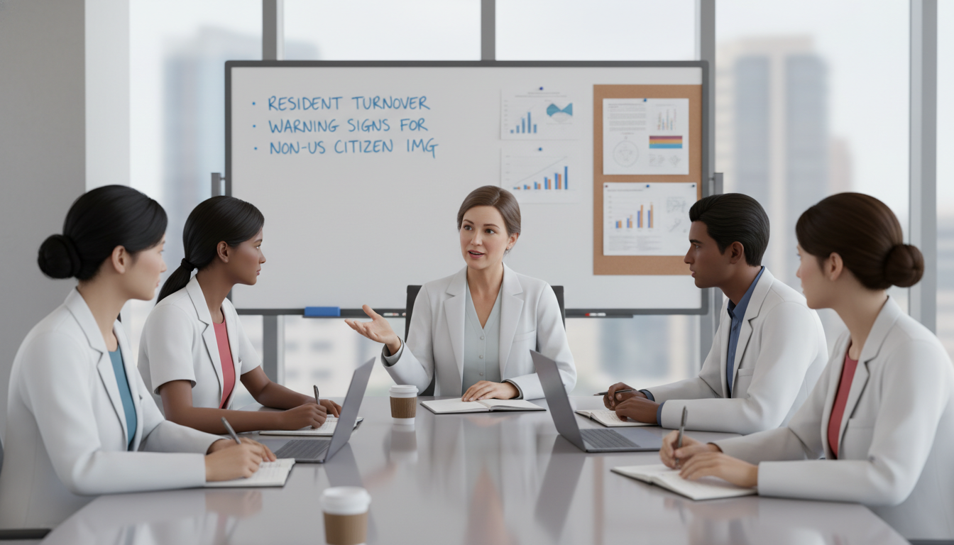 Medicine-psychiatry residents participating in a candid feedback session Medicine-psychiatry residents participating in a candid feedback session - non-US citizen IMG for Resident Turnover Warning S