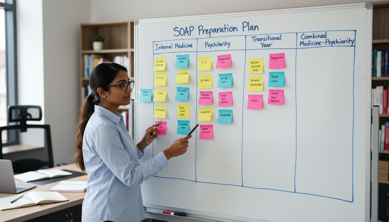 SOAP planning board with specialties and visa options highlighted for an IMG - non-US citizen IMG for SOAP Preparation for No