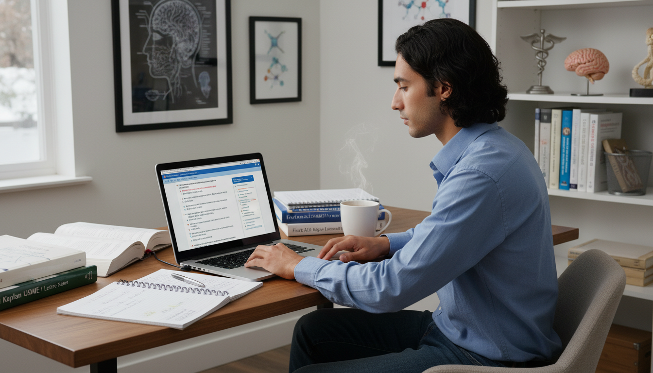 International medical graduate reviewing USMLE practice questions on laptop - non-US citizen IMG for Step Score Strategy for