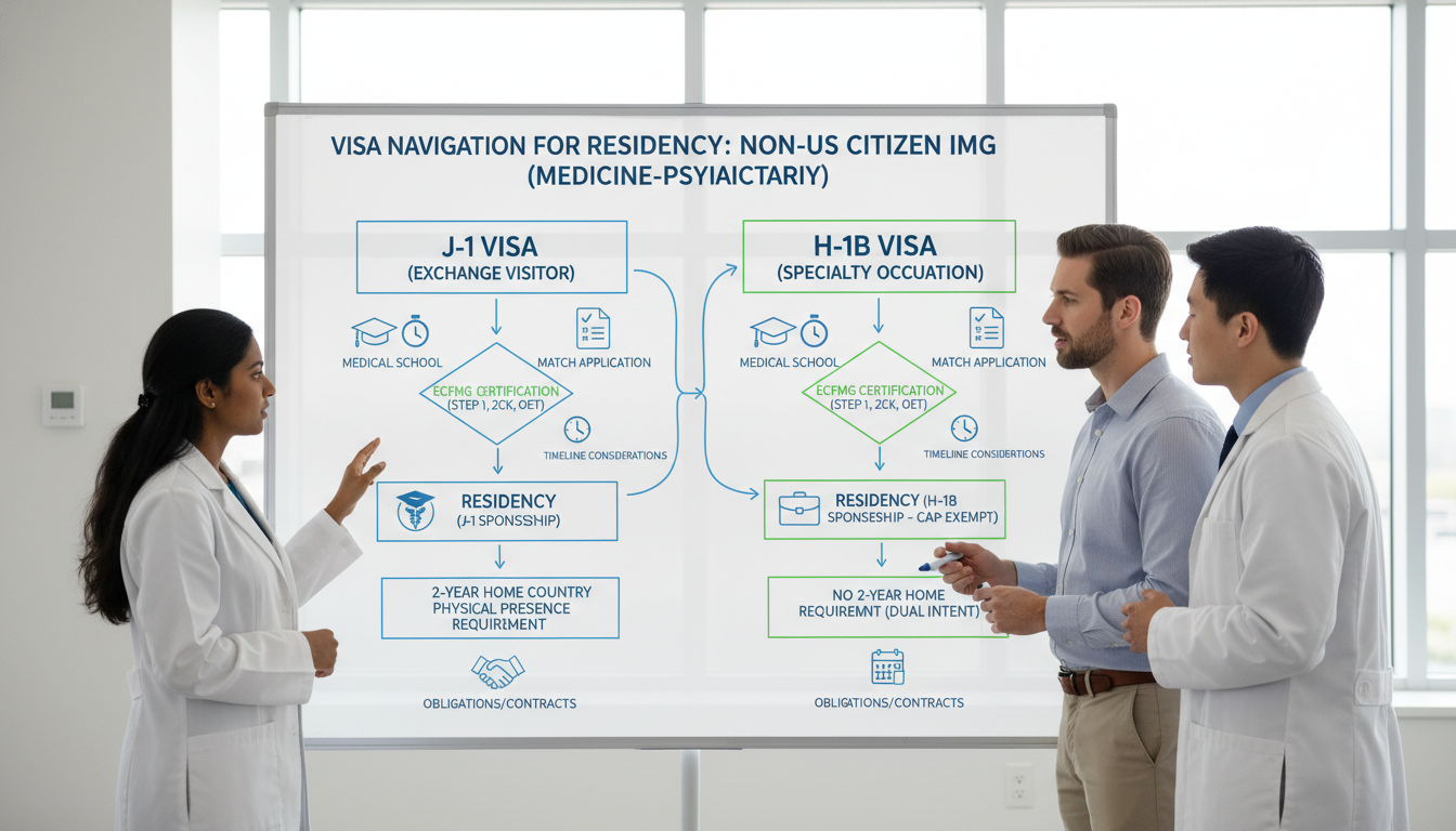 Flowchart of J-1 vs H-1B decision process for non-US citizen IMGs Flowchart of J-1 vs H-1B decision process for non-US citizen IMGs - non-US citizen IMG for Visa Navigation for Residency for