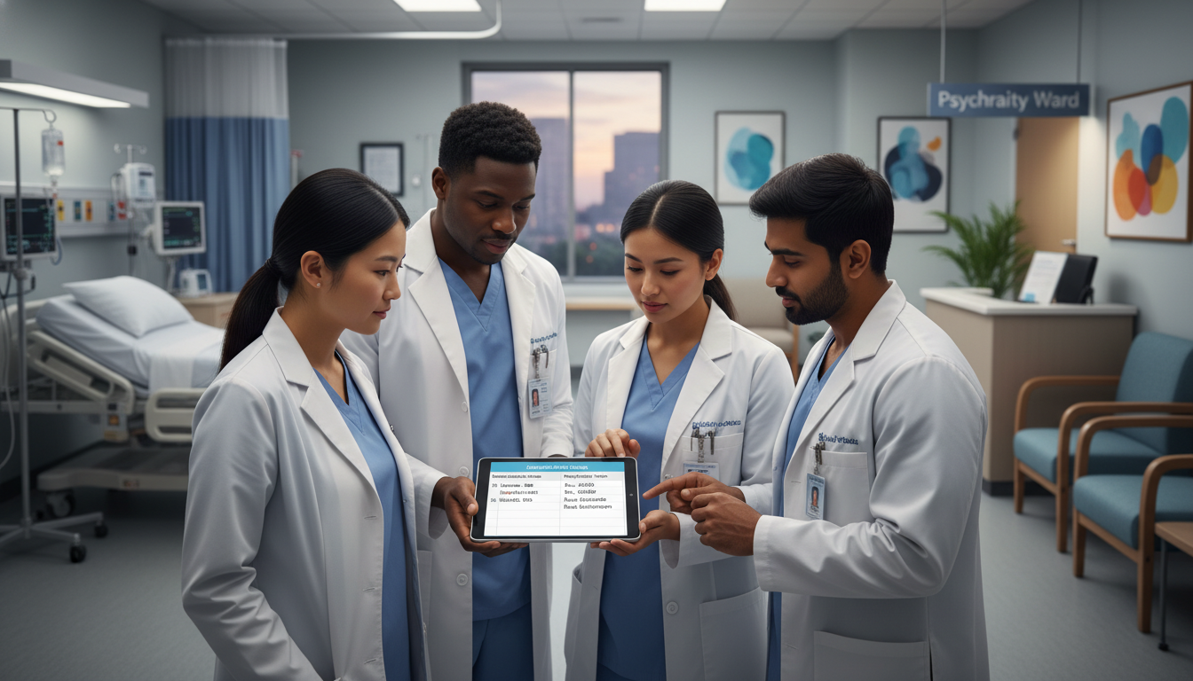 Medicine-Psychiatry residents in teaching hospital discussing patient care Medicine-Psychiatry residents in teaching hospital discussing patient care - non-US citizen IMG for Visa Navigation for Resid