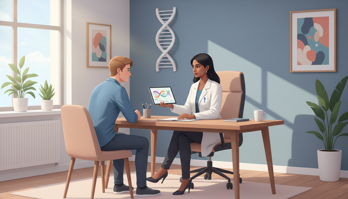 Medical geneticist in a private clinic setting discussing test results with a patient Medical geneticist in a private clinic setting discussing test results with a patient - non-US citizen IMG for Academic vs Pr